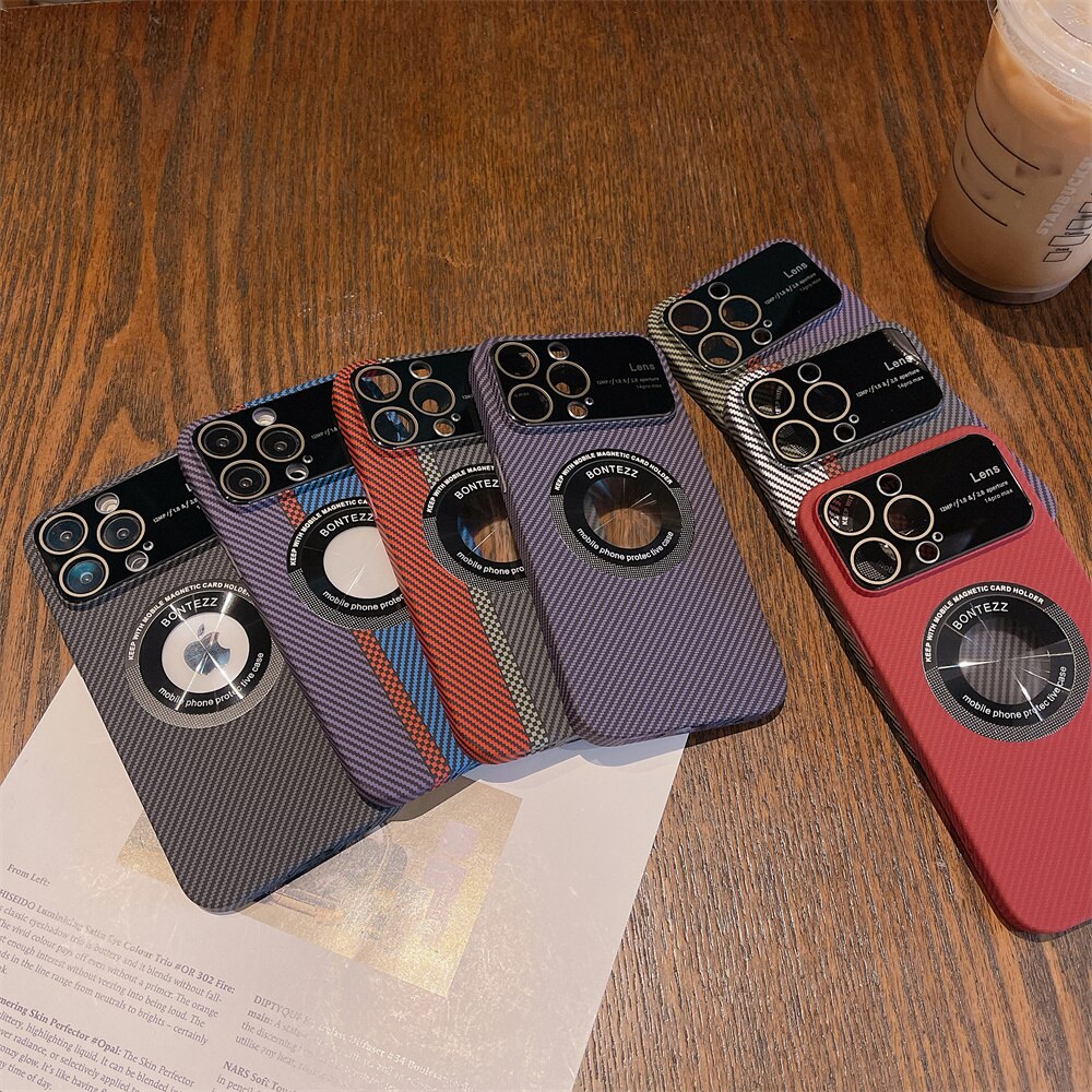 Carbon Fibre Logo Hole for Magsafe Case for iPhone 13 14 Pro Max 12 11 14Pro Big Window Hard PC Magnetic Wireless Charging Cover
