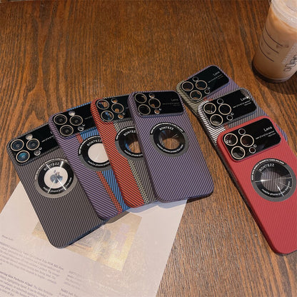 Carbon Fibre Logo Hole for Magsafe Case for iPhone 13 14 Pro Max 12 11 14Pro Big Window Hard PC Magnetic Wireless Charging Cover