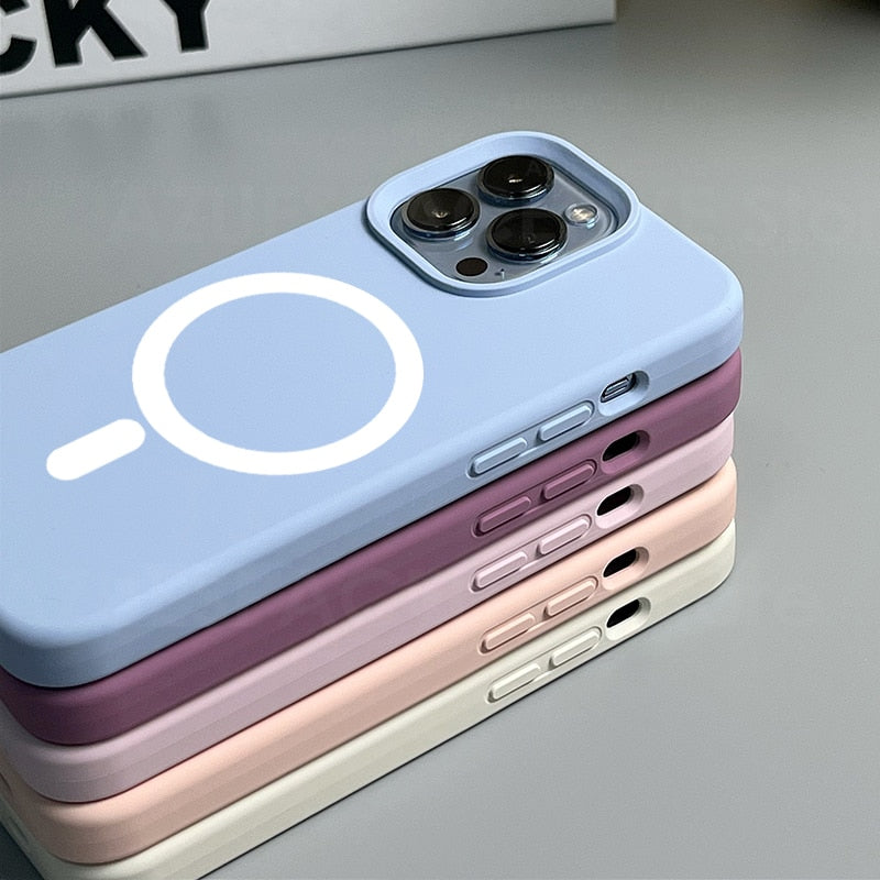 For Mag safe Magnetic Wireless Charger Case For iPhone 14 12 11 13 Pro Max Cover Funda Capa Korea Liquid Silicone Case 13 14 Pro