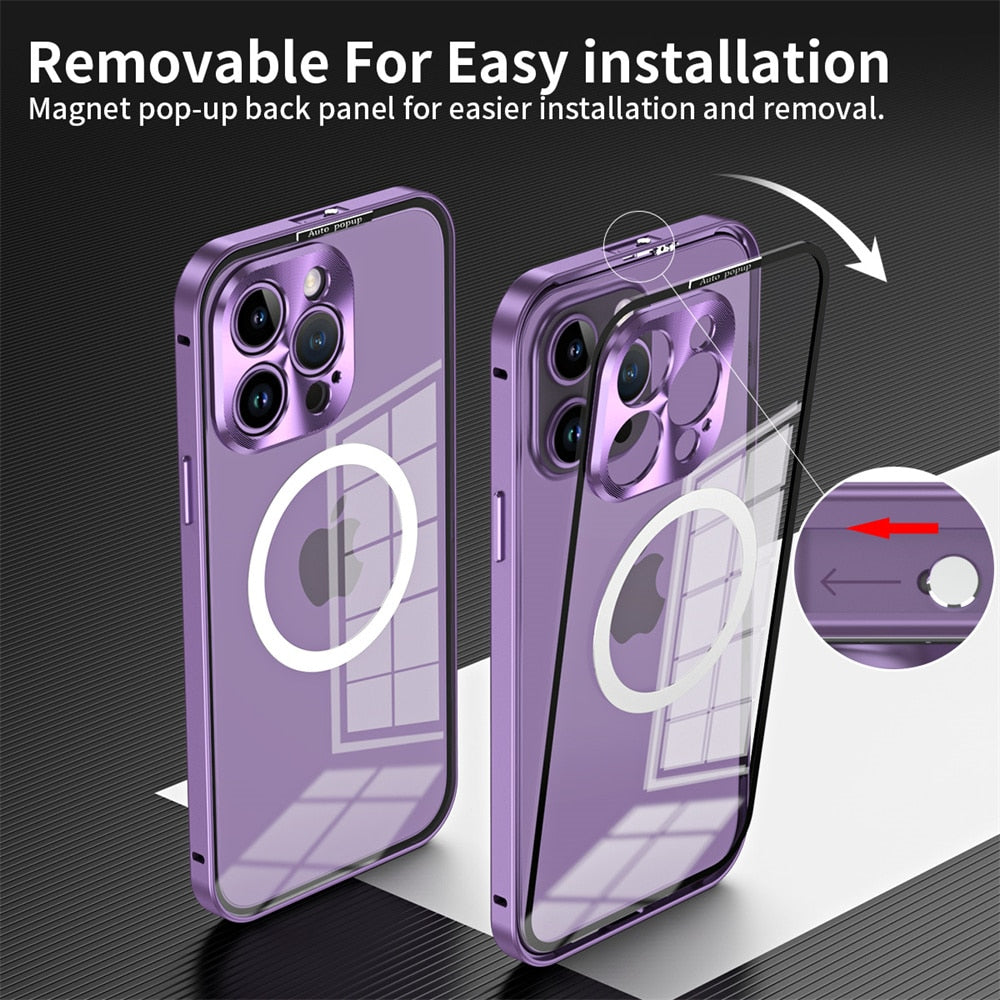 Luxury Aluminum Metal Magsafe Case for iPhone 14 13 12 Pro Max 14 Plus 2 in 1 Transparent Acrylic Magnetic Snap Lock Cover