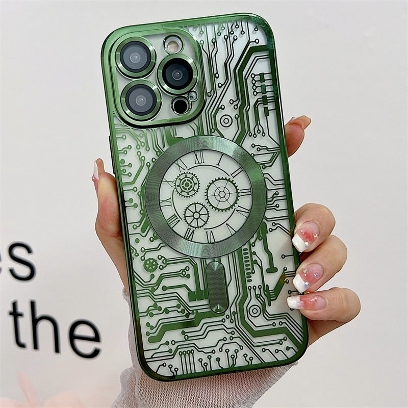 Fashion Circuit Diagram Case For Magsafe For iPhone 14 13 12 11 Pro Max Plus Clear Plating Soft Wireless Charging Magnetic Cover