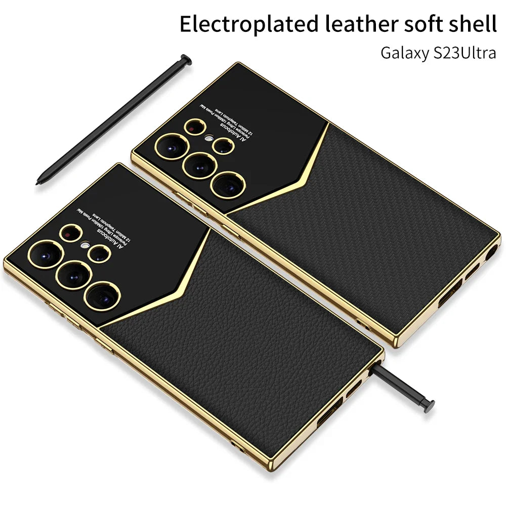 Luxury Leather Soft TPU Plating Case For Samsung Galaxy S23 Ultra All Inclusive Shockproof Protective Back Cover
