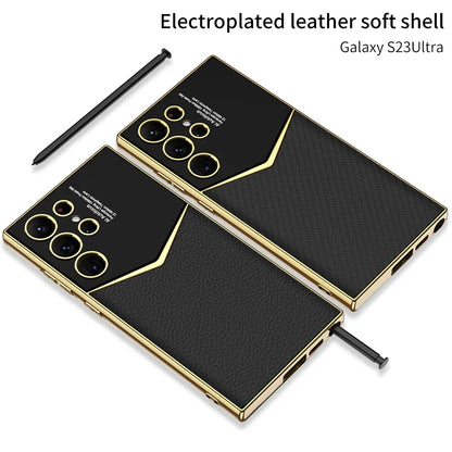 Luxury Leather Soft TPU Plating Case For Samsung Galaxy S23 Ultra All Inclusive Shockproof Protective Back Cover