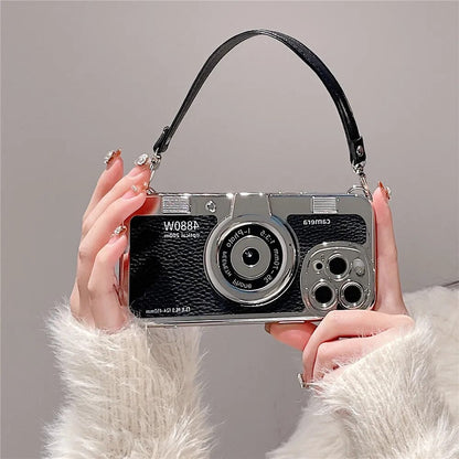 Japan Korean 3D luxury camera + hand strap couple gift case for iphone 15 12 14 Pro Max 11 13 Max leather pattern protect cover
