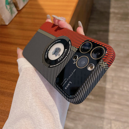 Carbon Fibre Logo Hole for Magsafe Case for iPhone 13 14 Pro Max 12 11 14Pro Big Window Hard PC Magnetic Wireless Charging Cover