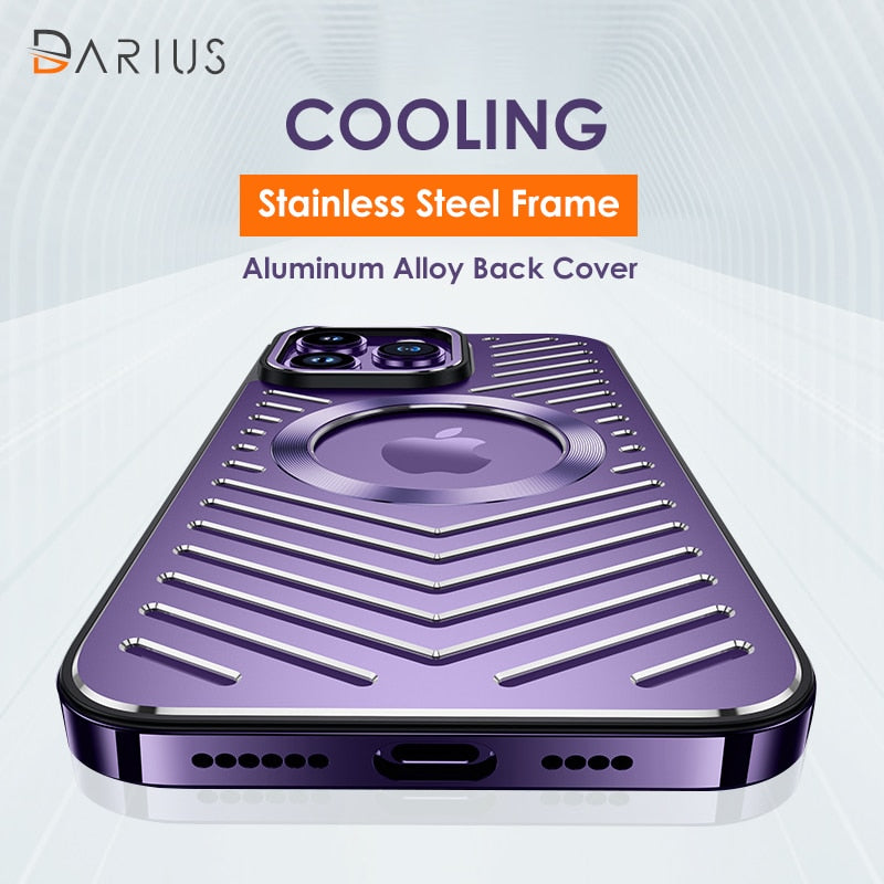 Stainless Steel Frame Aluminum Backplane Metal Magnetic Phone Case For iPhone 12 13 14 Pro Max 14Plus Hollow Cooling Cover Funda