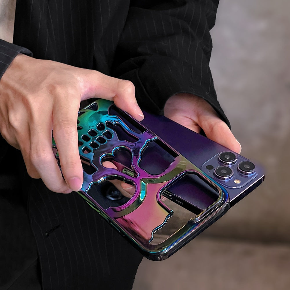 Aurora Laser 3D Hollow Skull Callous Phone Case For iphone 14 Pro Max 13 12 11 Cover Heat Dissipation Breathable Shockproof Case