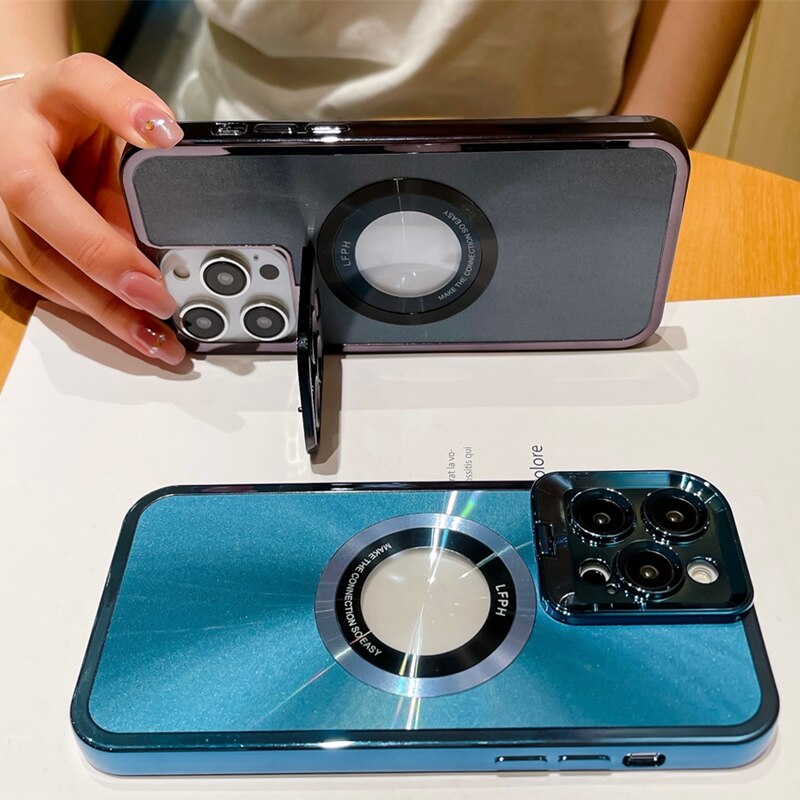 iPhone 14Pro Luxury Logo Hole Bracket Case For iPhone 14 13 12 Pro Max 11 Plating Stand for Magsafe Magnetic Aurora Cover