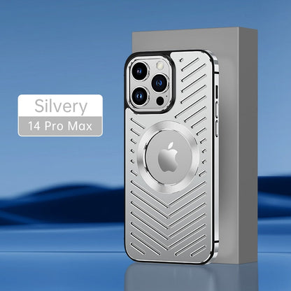 Stainless Steel Frame Aluminum Backplane Metal Magnetic Phone Case For iPhone 12 13 14 Pro Max 14Plus Hollow Cooling Cover Funda