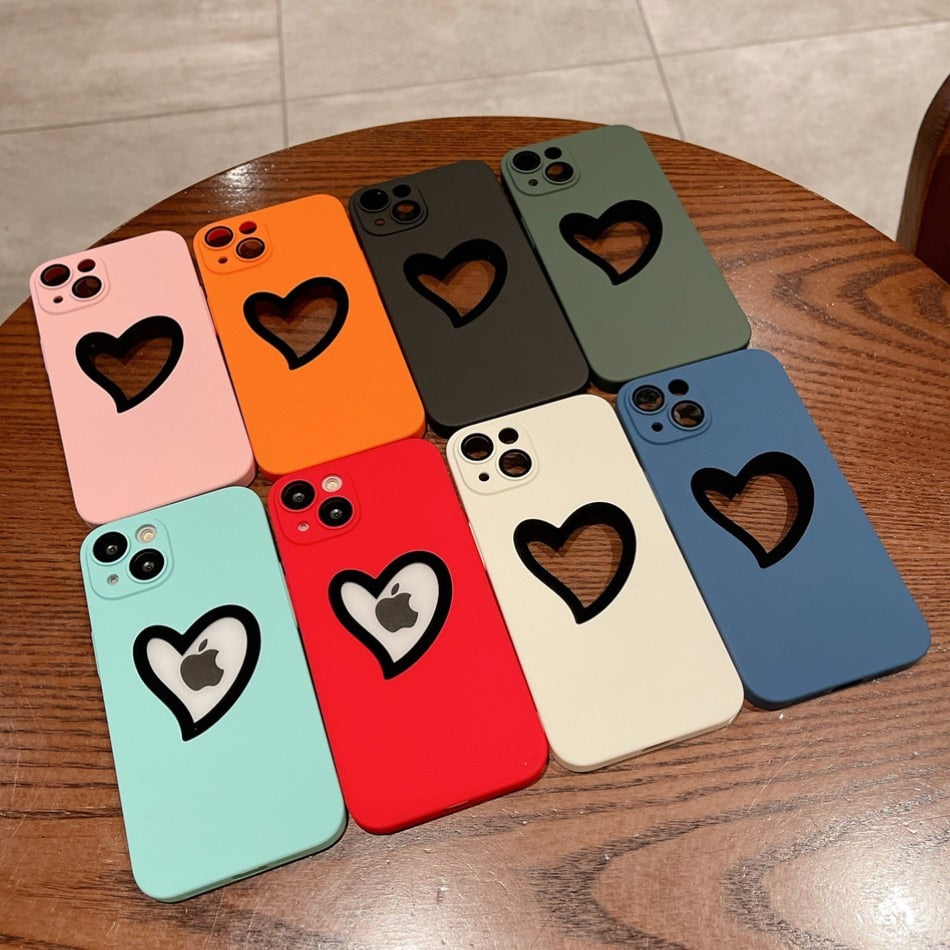 Luxury Heart Logo Hole Phone Case For iPhone 14 Pro Max 14 Plus 13 12 11 Shockroof PC Hard Cover For iPhone 13 With Lens Film