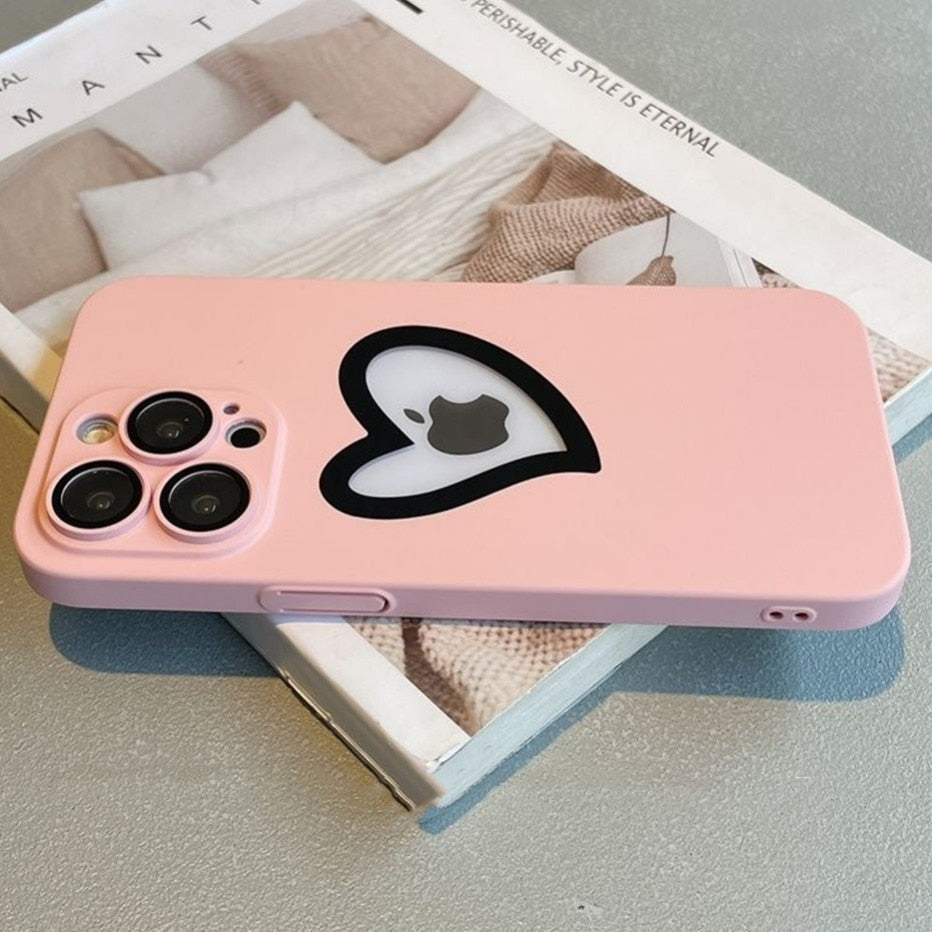 Luxury Heart Logo Hole Phone Case For iPhone 14 Pro Max 14 Plus 13 12 11 Shockroof PC Hard Cover For iPhone 13 With Lens Film