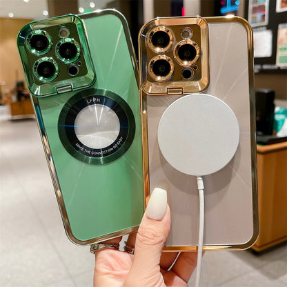 iPhone 14Pro Luxury Logo Hole Bracket Case For iPhone 14 13 12 Pro Max 11 Plating Stand for Magsafe Magnetic Aurora Cover