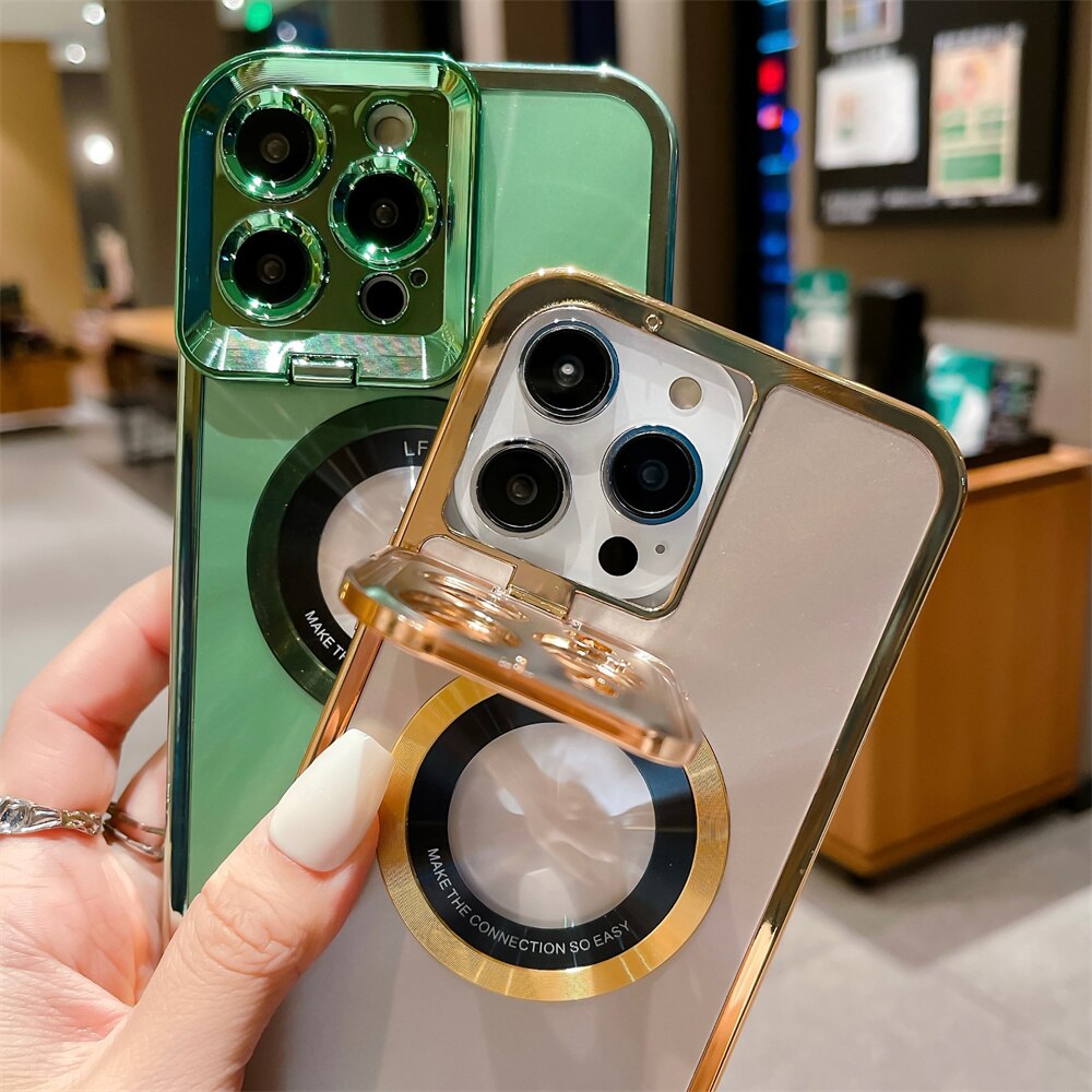 iPhone 14Pro Luxury Logo Hole Bracket Case For iPhone 14 13 12 Pro Max 11 Plating Stand for Magsafe Magnetic Aurora Cover