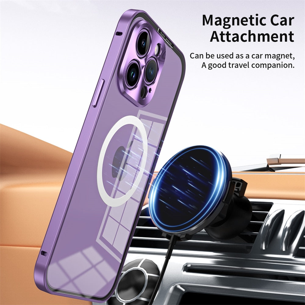 Luxury Aluminum Metal Magsafe Case for iPhone 14 13 12 Pro Max 14 Plus 2 in 1 Transparent Acrylic Magnetic Snap Lock Cover