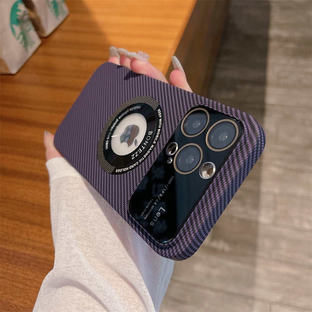 Carbon Fibre Logo Hole for Magsafe Case for iPhone 13 14 Pro Max 12 11 14Pro Big Window Hard PC Magnetic Wireless Charging Cover