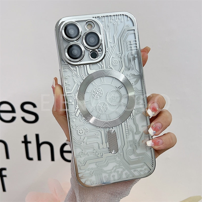 Fashion Circuit Diagram Case For Magsafe For iPhone 14 13 12 11 Pro Max Plus Clear Plating Soft Wireless Charging Magnetic Cover