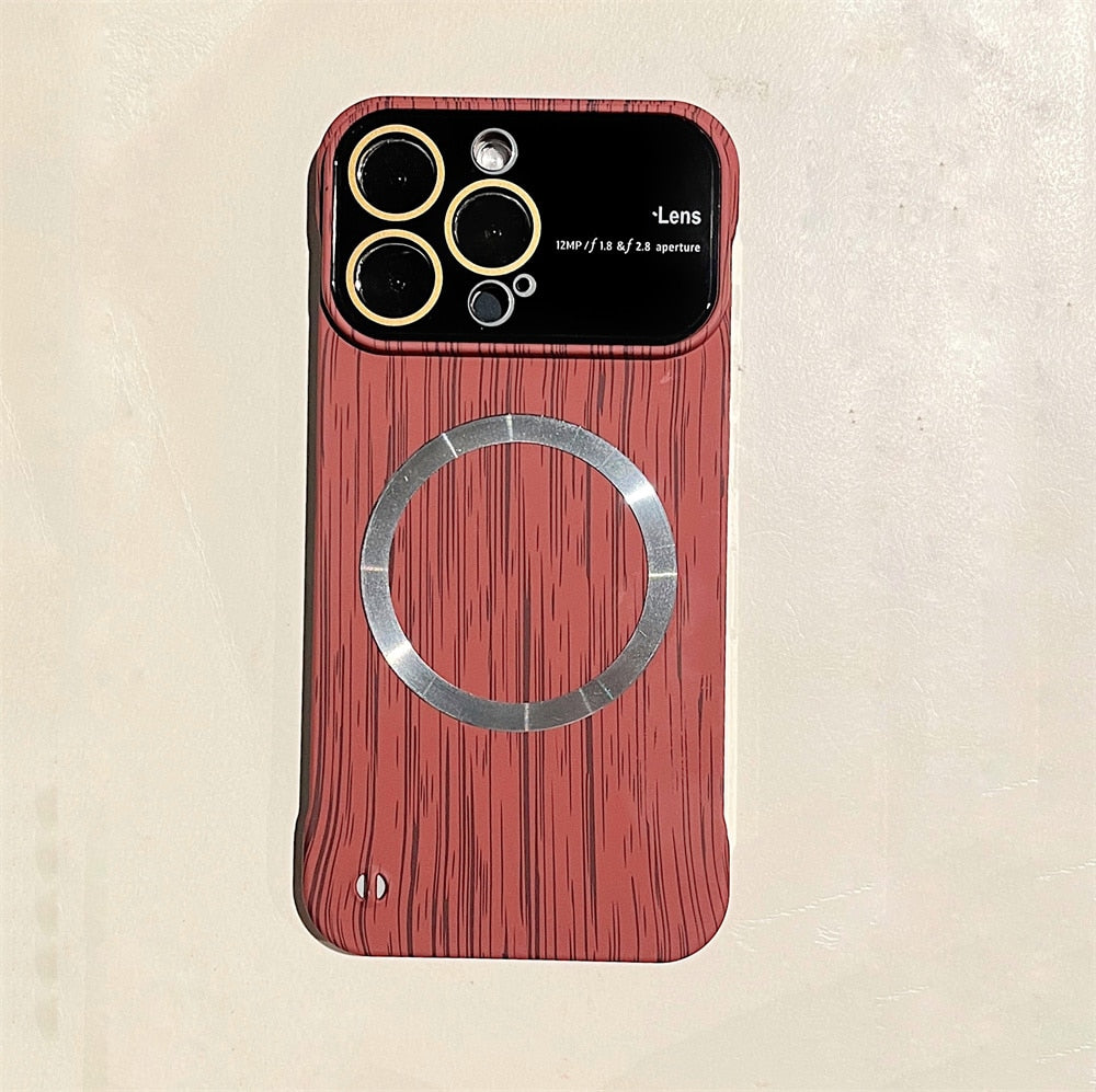 Luxury Frameless for Wood Grain Magnetic Phone Case for iPhone 14 ProMax 12 13 Pro Max Shockproof Lens Protection Slim PC Cover