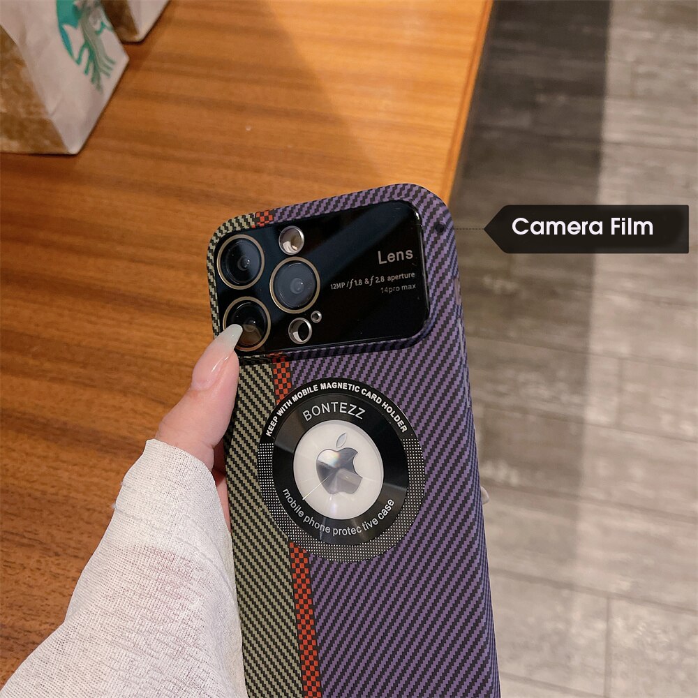 Carbon Fibre Logo Hole for Magsafe Case for iPhone 13 14 Pro Max 12 11 14Pro Big Window Hard PC Magnetic Wireless Charging Cover