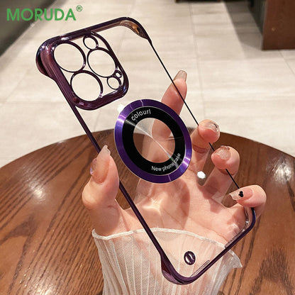 Alloy Frameless Magnetic Charging Phone Case for iPhone 14 ProMax Pro Plus 12 13 Pro Max Magsafing Logo Hole Clear Acrylic Cover