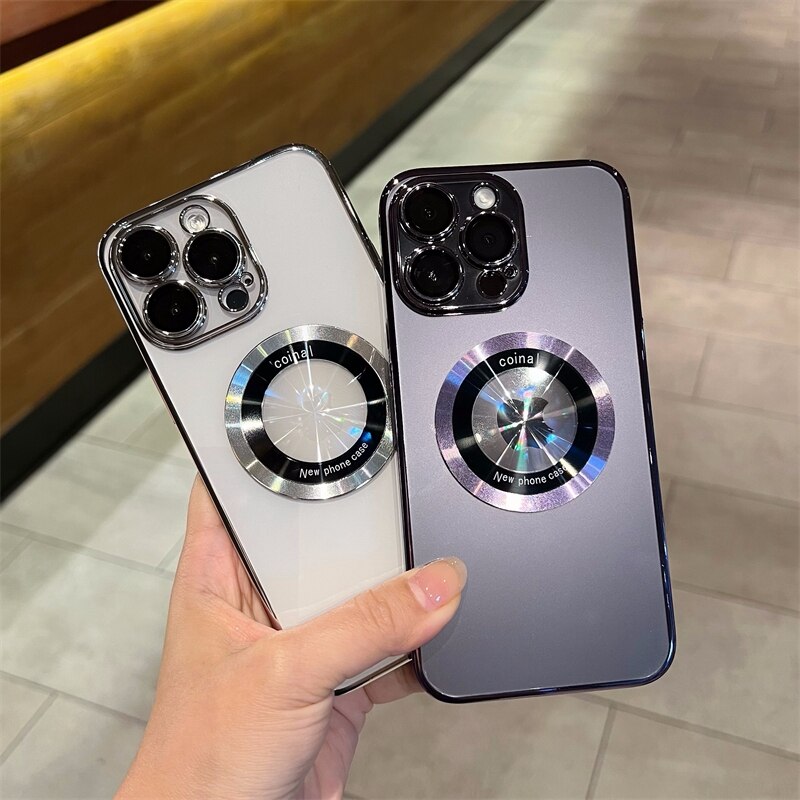 Luxury Noble Magsafe Wireless Charge Hard PC Case Transparent For iPhone 14 13 Pro 12 11 Pro Max Magnetic Logo Clear Cover Men