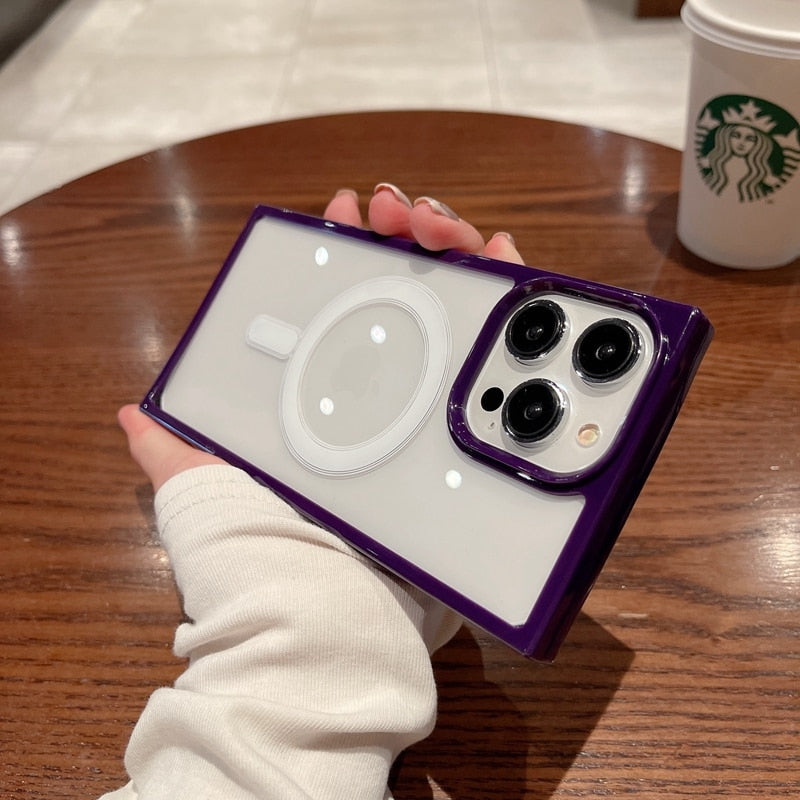 Luxury Magsafe Wireless Charge Transparent Case For iPhone 14 13 12 11 Pro Max Plus Square Magnetic Bumper Clear Cases Cover