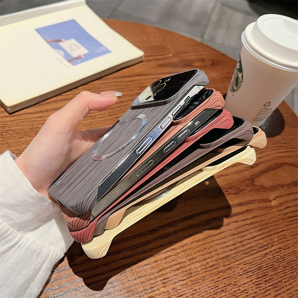 Luxury Frameless for Wood Grain Magnetic Phone Case for iPhone 14 ProMax 12 13 Pro Max Shockproof Lens Protection Slim PC Cover