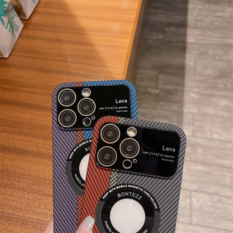 New Style Concept Large Window Magnetic Attraction Phone Case For iPhone 14 13 12 11 Pro Max Carbon Fibre Ultrathin Back Cover