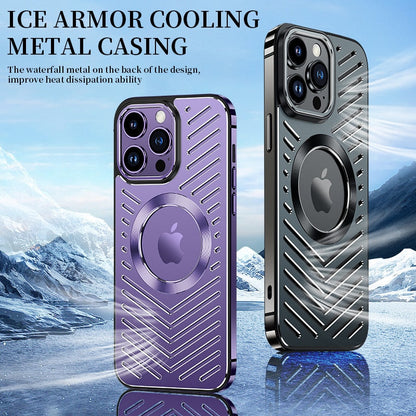 Stainless Steel Frame Aluminum Backplane Metal Magnetic Phone Case For iPhone 12 13 14 Pro Max 14Plus Hollow Cooling Cover Funda