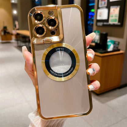 iPhone 14Pro Luxury Logo Hole Bracket Case For iPhone 14 13 12 Pro Max 11 Plating Stand for Magsafe Magnetic Aurora Cover