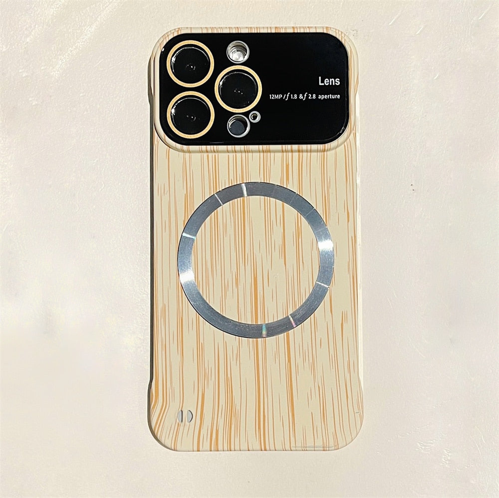 Luxury Frameless for Wood Grain Magnetic Phone Case for iPhone 14 ProMax 12 13 Pro Max Shockproof Lens Protection Slim PC Cover