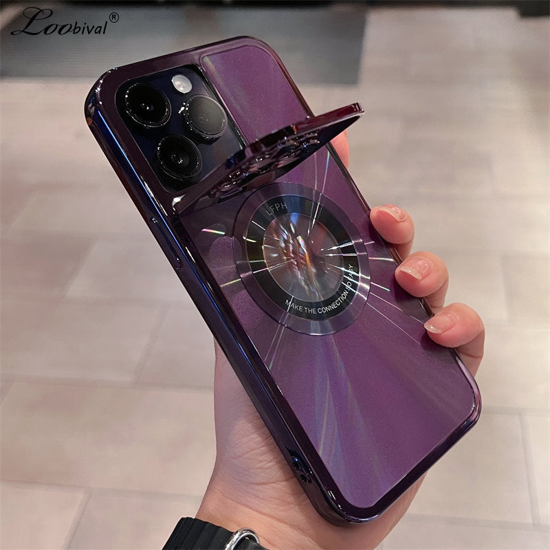 iPhone 14Pro Luxury Logo Hole Bracket Case For iPhone 14 13 12 Pro Max 11 Plating Stand for Magsafe Magnetic Aurora Cover