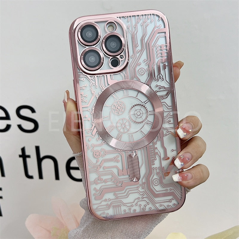 Fashion Circuit Diagram Case For Magsafe For iPhone 14 13 12 11 Pro Max Plus Clear Plating Soft Wireless Charging Magnetic Cover