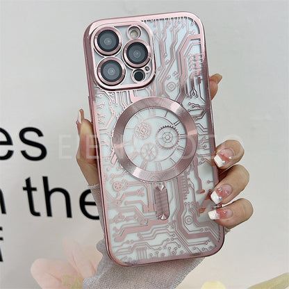 Fashion Circuit Diagram Case For Magsafe For iPhone 14 13 12 11 Pro Max Plus Clear Plating Soft Wireless Charging Magnetic Cover