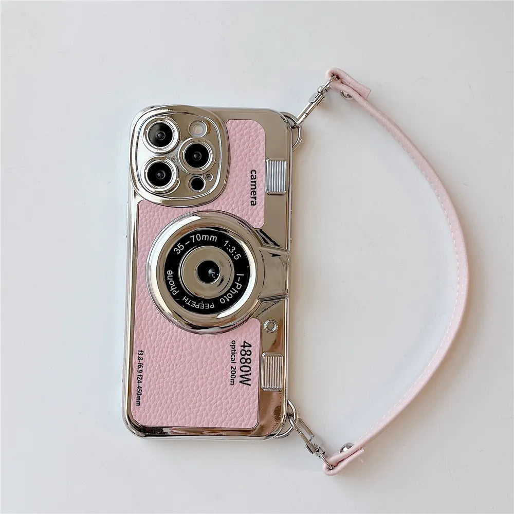 Japan Korean 3D luxury camera + hand strap couple gift case for iphone 15 12 14 Pro Max 11 13 Max leather pattern protect cover