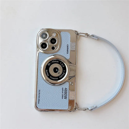 Japan Korean 3D luxury camera + hand strap couple gift case for iphone 15 12 14 Pro Max 11 13 Max leather pattern protect cover