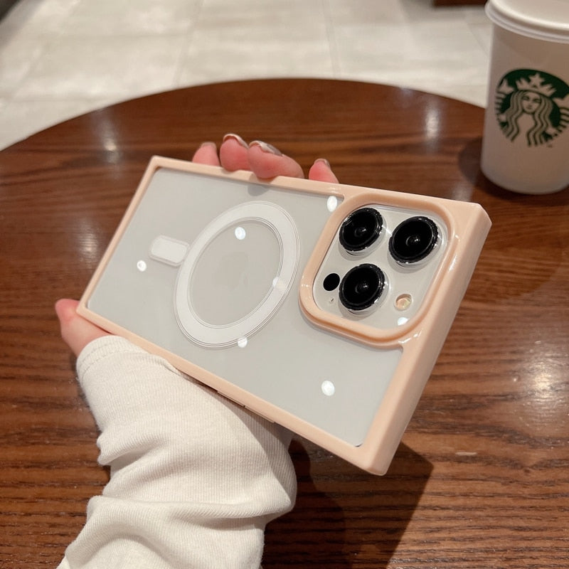 Luxury Magsafe Wireless Charge Transparent Case For iPhone 14 13 12 11 Pro Max Plus Square Magnetic Bumper Clear Cases Cover