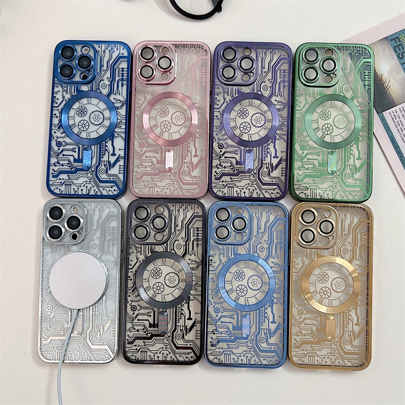 Fashion Circuit Diagram Case For Magsafe For iPhone 14 13 12 11 Pro Max Plus Clear Plating Soft Wireless Charging Magnetic Cover