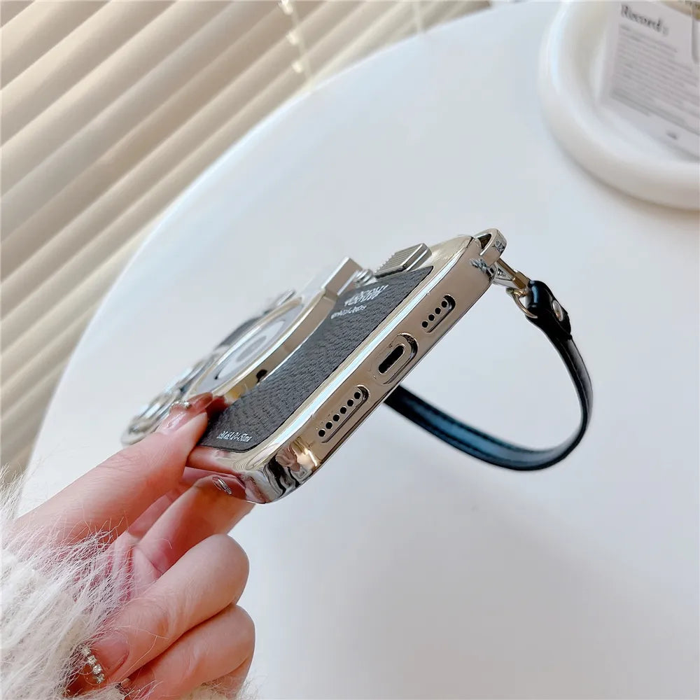 Japan Korean 3D luxury camera + hand strap couple gift case for iphone 15 12 14 Pro Max 11 13 Max leather pattern protect cover