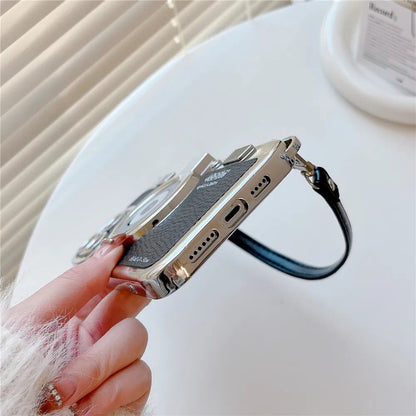 Japan Korean 3D luxury camera + hand strap couple gift case for iphone 15 12 14 Pro Max 11 13 Max leather pattern protect cover