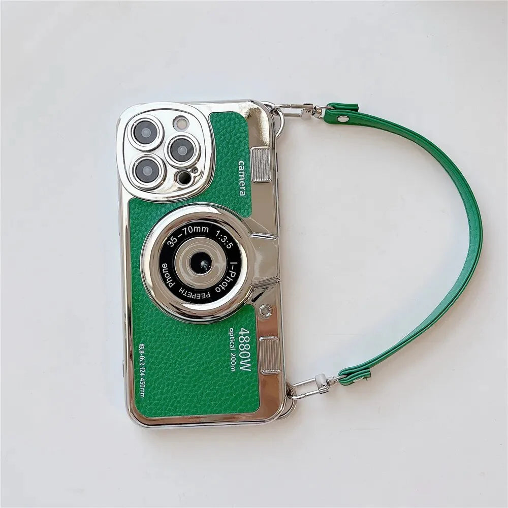 Japan Korean 3D luxury camera + hand strap couple gift case for iphone 15 12 14 Pro Max 11 13 Max leather pattern protect cover