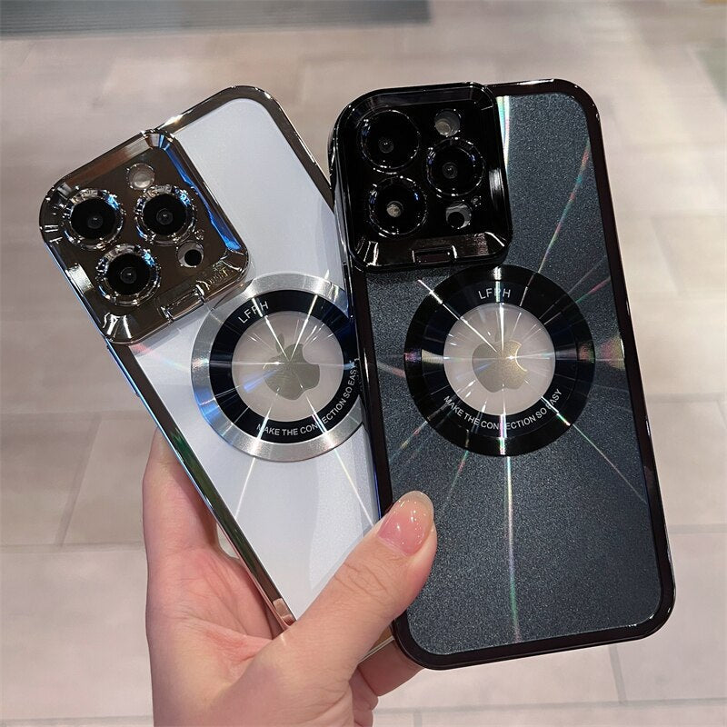 iPhone 14Pro Luxury Logo Hole Bracket Case For iPhone 14 13 12 Pro Max 11 Plating Stand for Magsafe Magnetic Aurora Cover