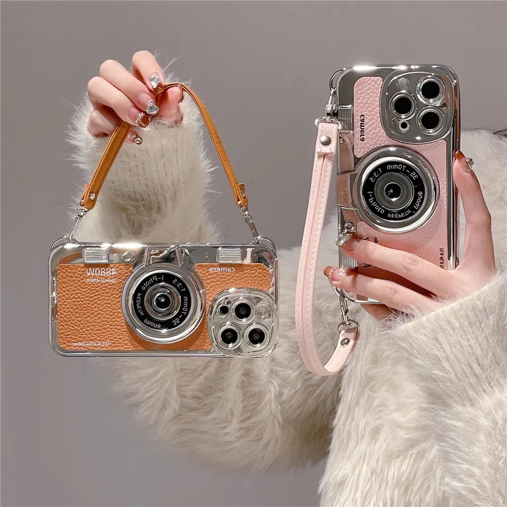 Japan Korean 3D luxury camera + hand strap couple gift case for iphone 15 12 14 Pro Max 11 13 Max leather pattern protect cover