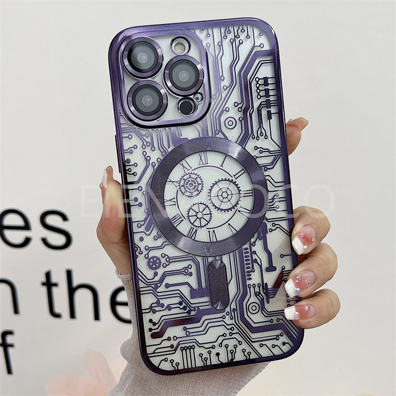 Fashion Circuit Diagram Case For Magsafe For iPhone 14 13 12 11 Pro Max Plus Clear Plating Soft Wireless Charging Magnetic Cover