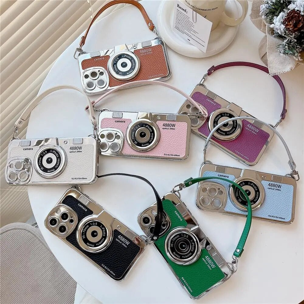 Japan Korean 3D luxury camera + hand strap couple gift case for iphone 15 12 14 Pro Max 11 13 Max leather pattern protect cover