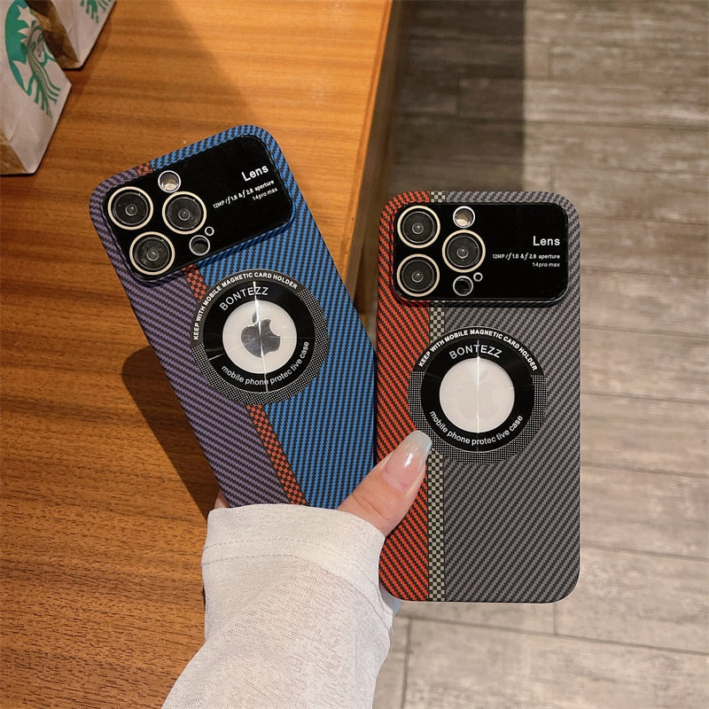 New Style Concept Large Window Magnetic Attraction Phone Case For iPhone 14 13 12 11 Pro Max Carbon Fibre Ultrathin Back Cover