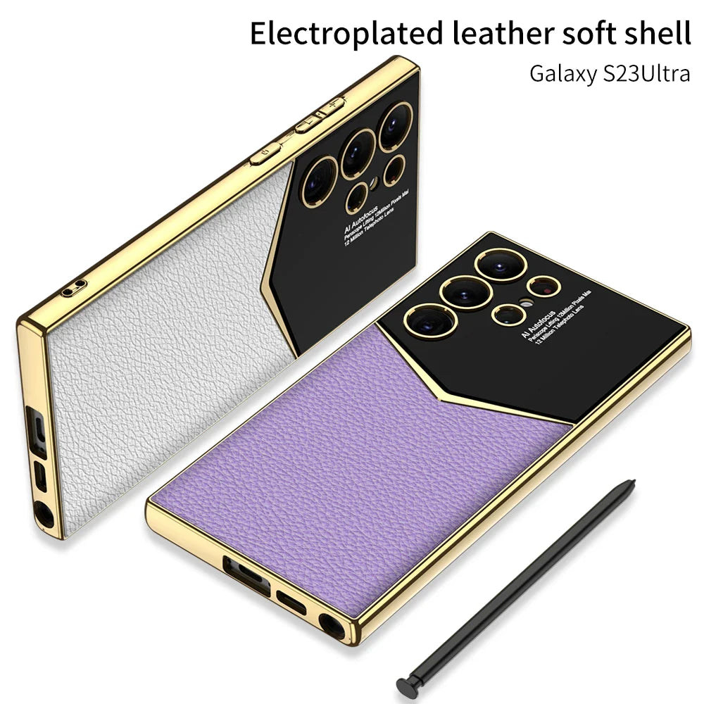 Luxury Leather Soft TPU Plating Case For Samsung Galaxy S23 Ultra All Inclusive Shockproof Protective Back Cover