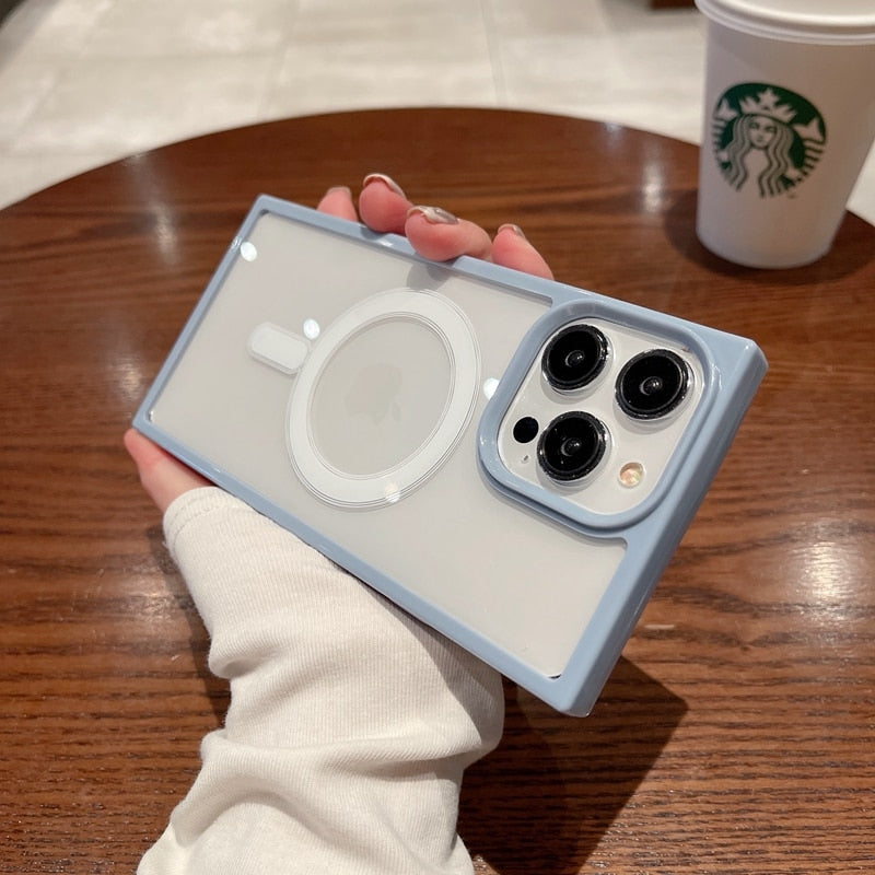 Luxury Magsafe Wireless Charge Transparent Case For iPhone 14 13 12 11 Pro Max Plus Square Magnetic Bumper Clear Cases Cover