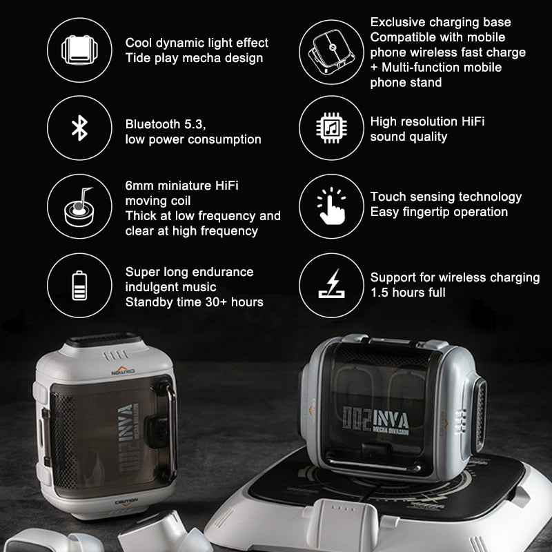 Tws 2023 New Bluetooth Earphone Wireless Charging Earbuds Bluetooth Capsule Mecha Design Headset Desktop Phone Holder Headphones