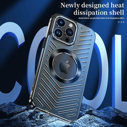 Stainless Steel Frame Aluminum Backplane Metal Magnetic Phone Case For iPhone 12 13 14 Pro Max 14Plus Hollow Cooling Cover Funda