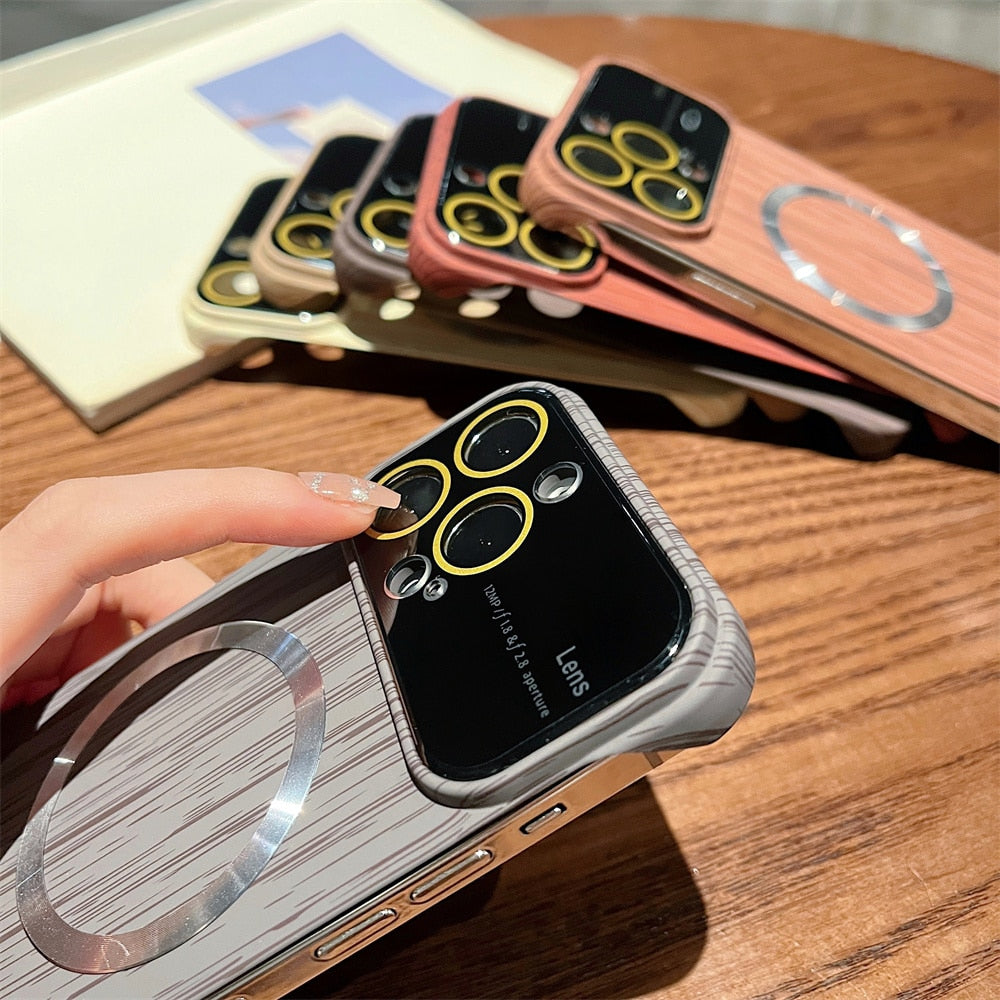 Luxury Frameless for Wood Grain Magnetic Phone Case for iPhone 14 ProMax 12 13 Pro Max Shockproof Lens Protection Slim PC Cover